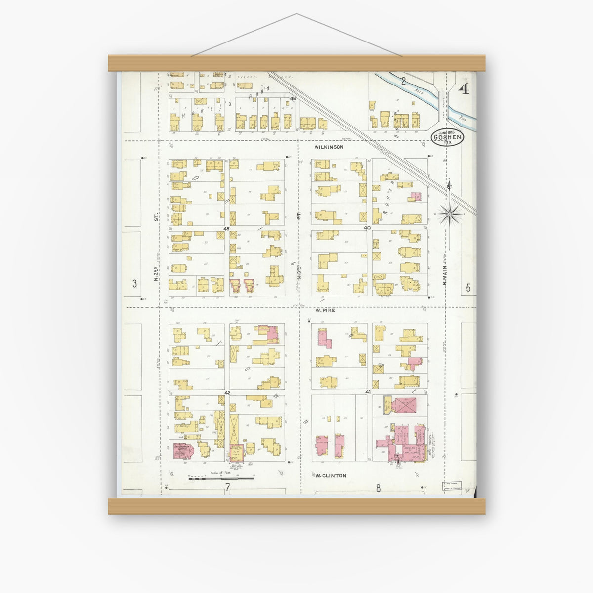 Old map wall art mockup — magnetic wood frame on white wall — Sanborn Fire Insurance Map from Goshen, Elkhart County, Indiana (1905), Sheet #0004