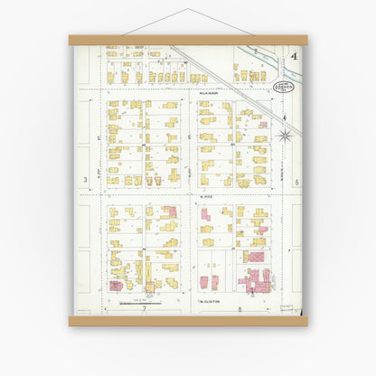 Old map wall art mockup — magnetic wood frame on white wall — Sanborn Fire Insurance Map from Goshen, Elkhart County, Indiana (1905), Sheet #0004