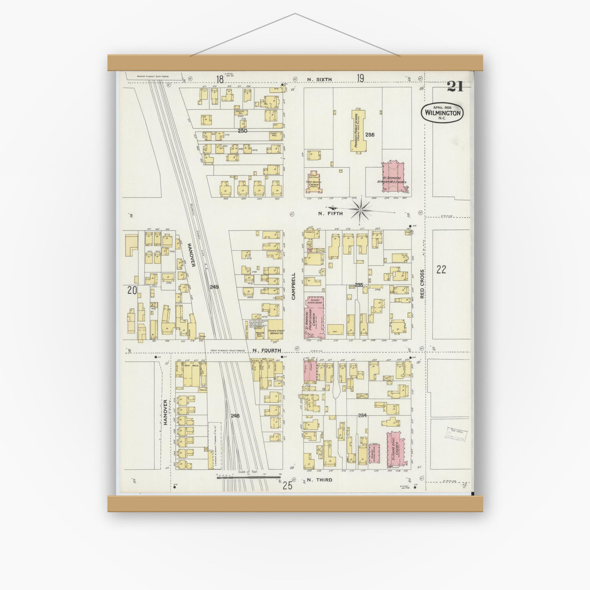 Old map wall art mockup — magnetic wood frame on white wall — Sanborn Fire Insurance Map from Wilmington, New Hanover County, North Carolina (1898), Sheet #0021
