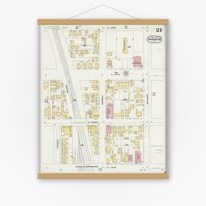 Old map wall art mockup — magnetic wood frame on white wall — Sanborn Fire Insurance Map from Wilmington, New Hanover County, North Carolina (1898), Sheet #0021