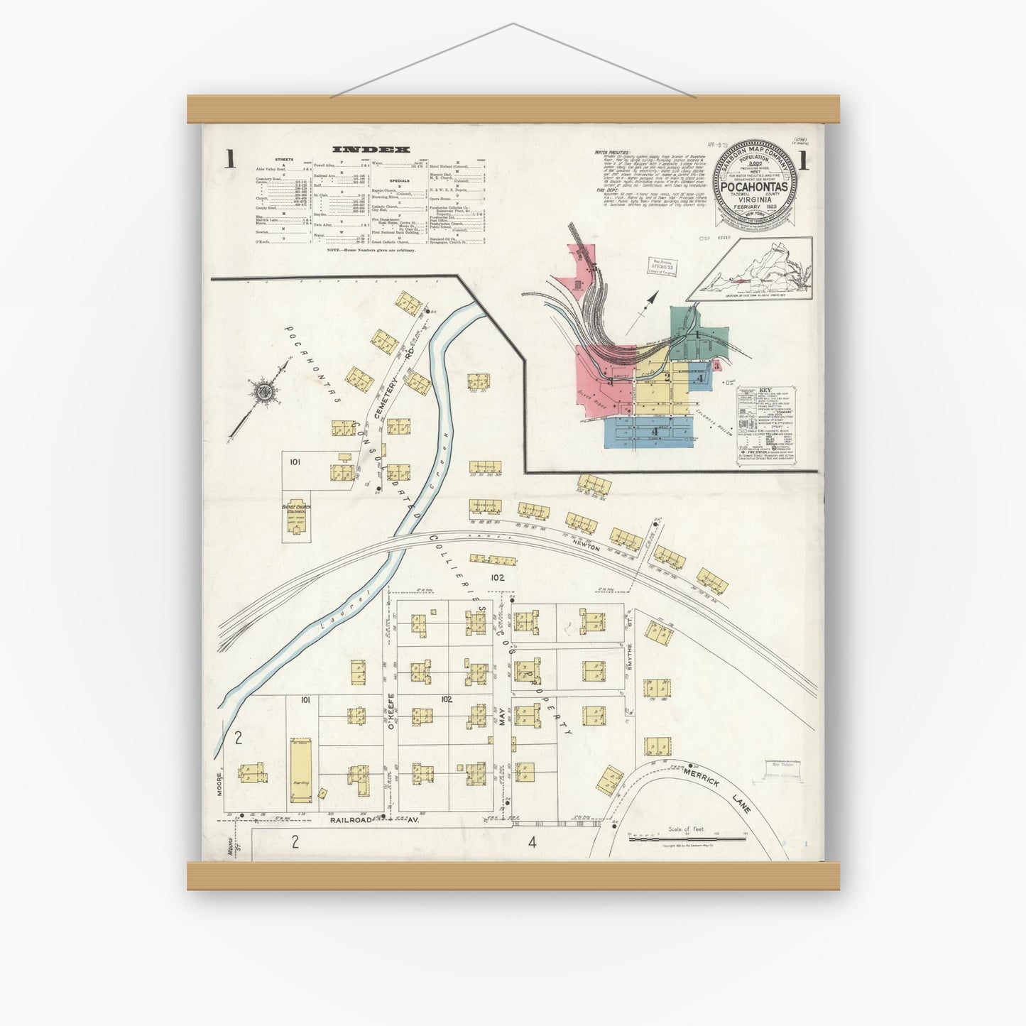 Old map wall art mockup — magnetic wood frame on white wall — Sanborn Fire Insurance Map from Pocahontas, Tazewell County, Virginia (1923) - Complete Map Set