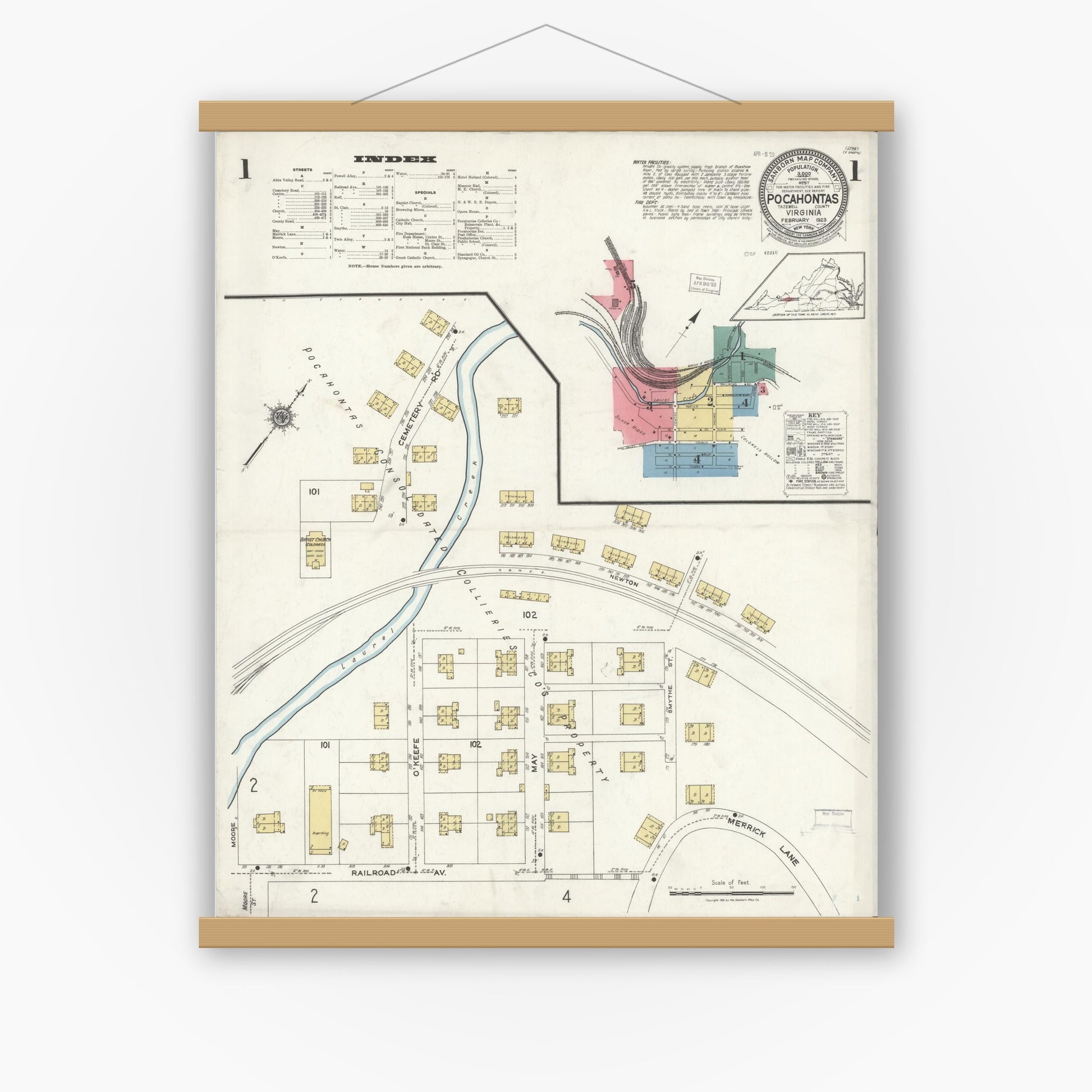 Old map wall art mockup — magnetic wood frame on white wall — Sanborn Fire Insurance Map from Pocahontas, Tazewell County, Virginia (1923) - Complete Map Set