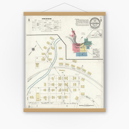Old map wall art mockup — magnetic wood frame on white wall — Sanborn Fire Insurance Map from Pocahontas, Tazewell County, Virginia (1923) - Complete Map Set
