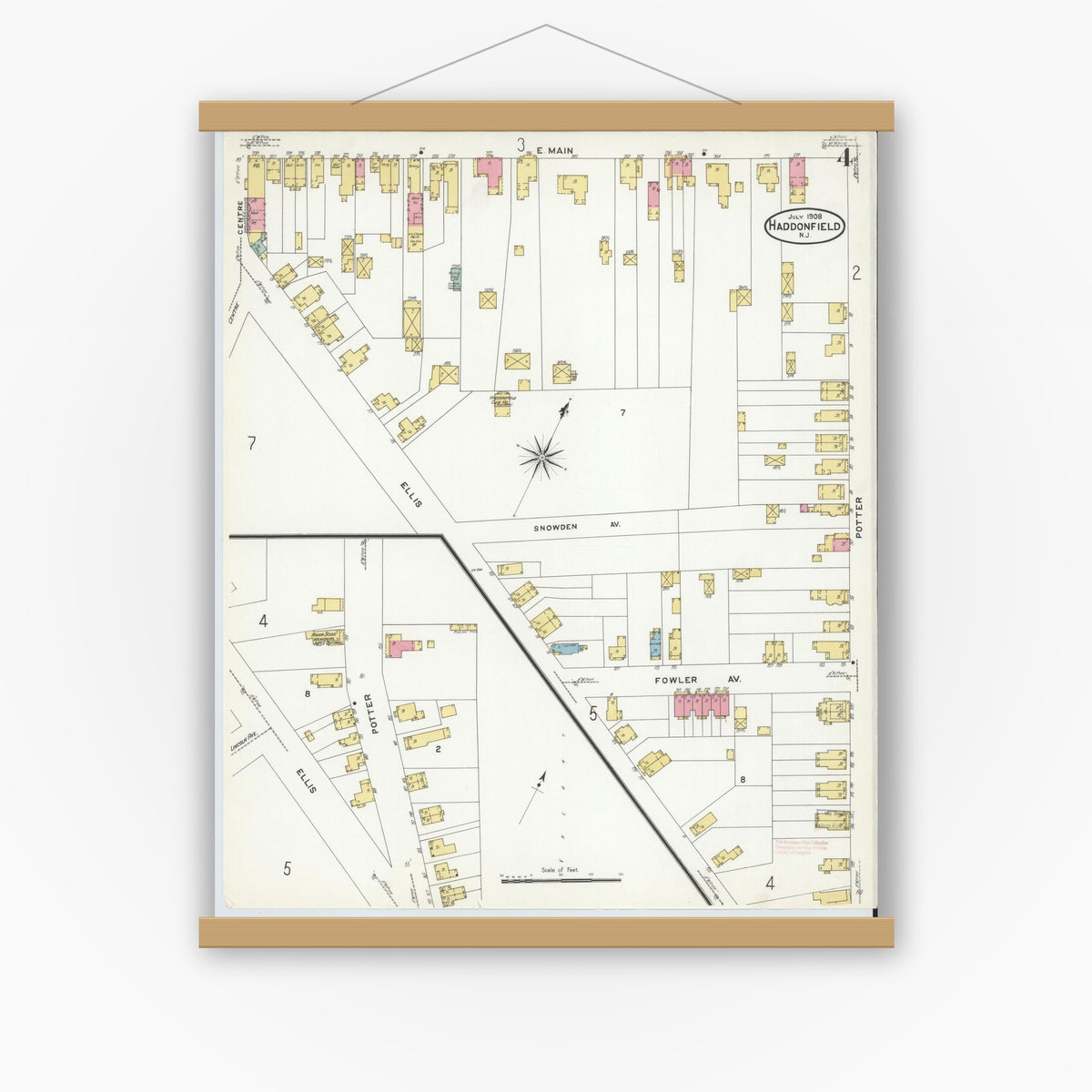 Old map wall art mockup — magnetic wood frame on white wall — Sanborn Fire Insurance Map from Haddonfield, Camden County, New Jersey (1908), Sheet #0004