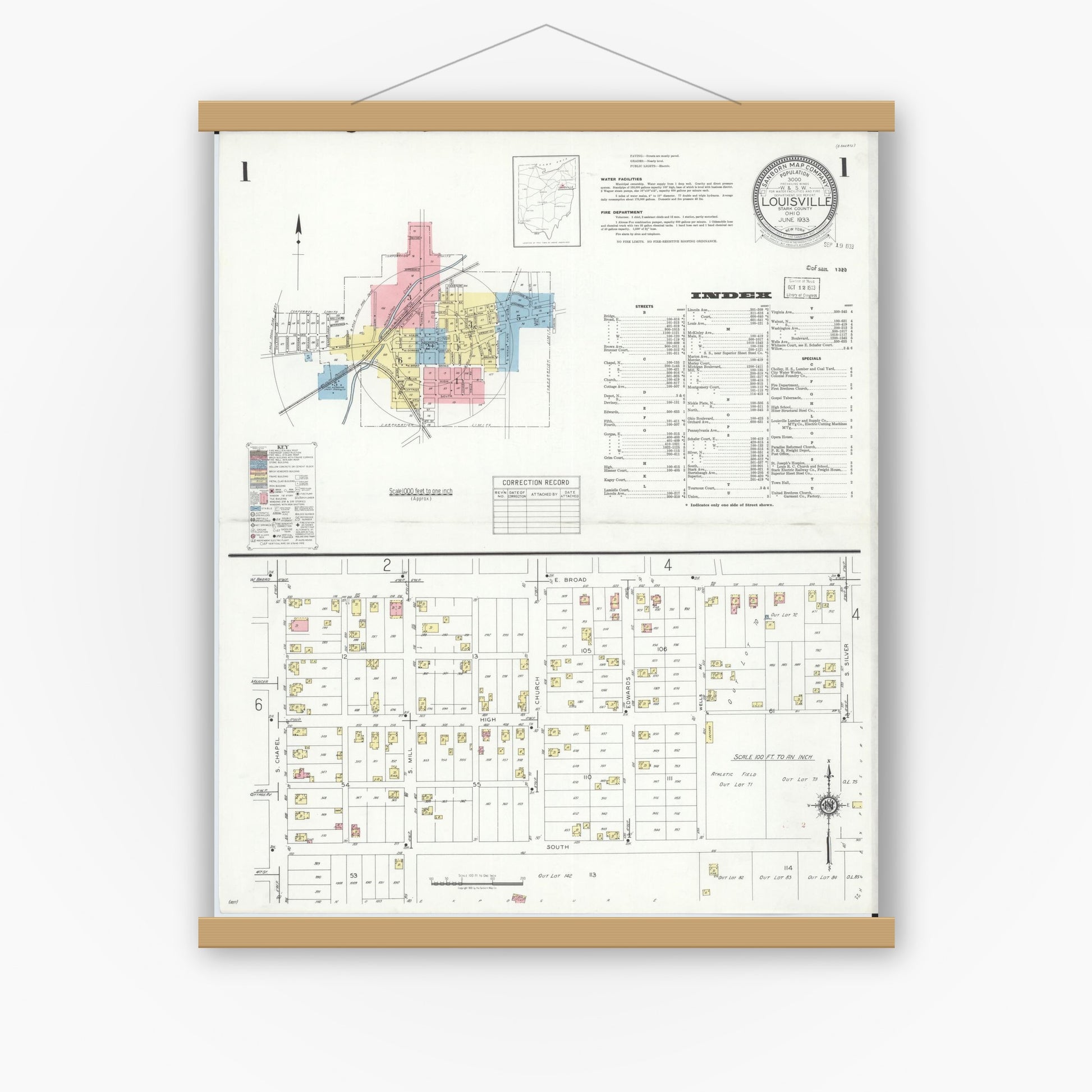 Old map wall art mockup — magnetic wood frame on white wall — Sanborn Fire Insurance Map from Louisville, Stark County, Ohio (1933), Sheet #0001