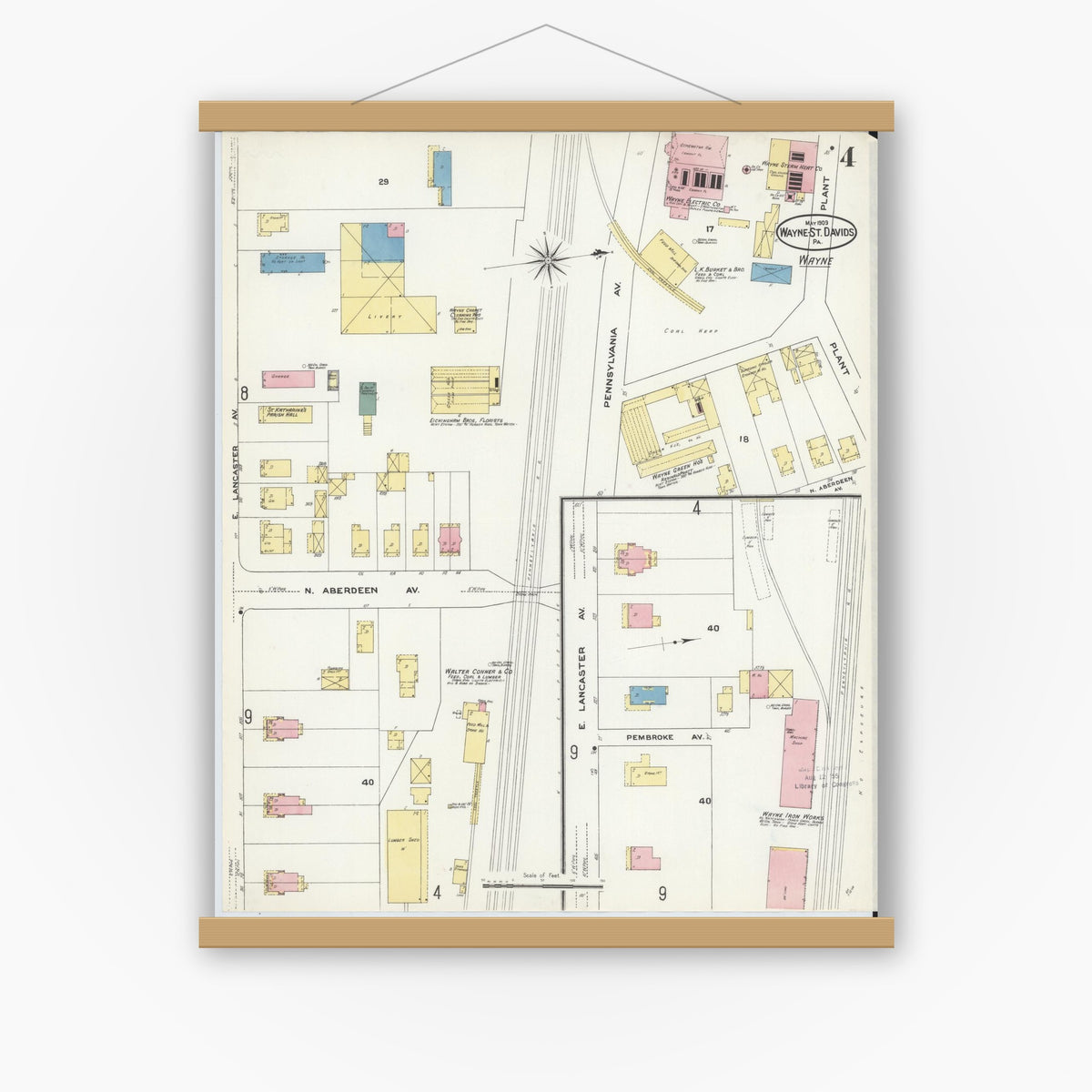 Old map wall art mockup — magnetic wood frame on white wall — Sanborn Fire Insurance Map from Wayne, Delaware County, Pennsylvania (1909), Sheet #0004