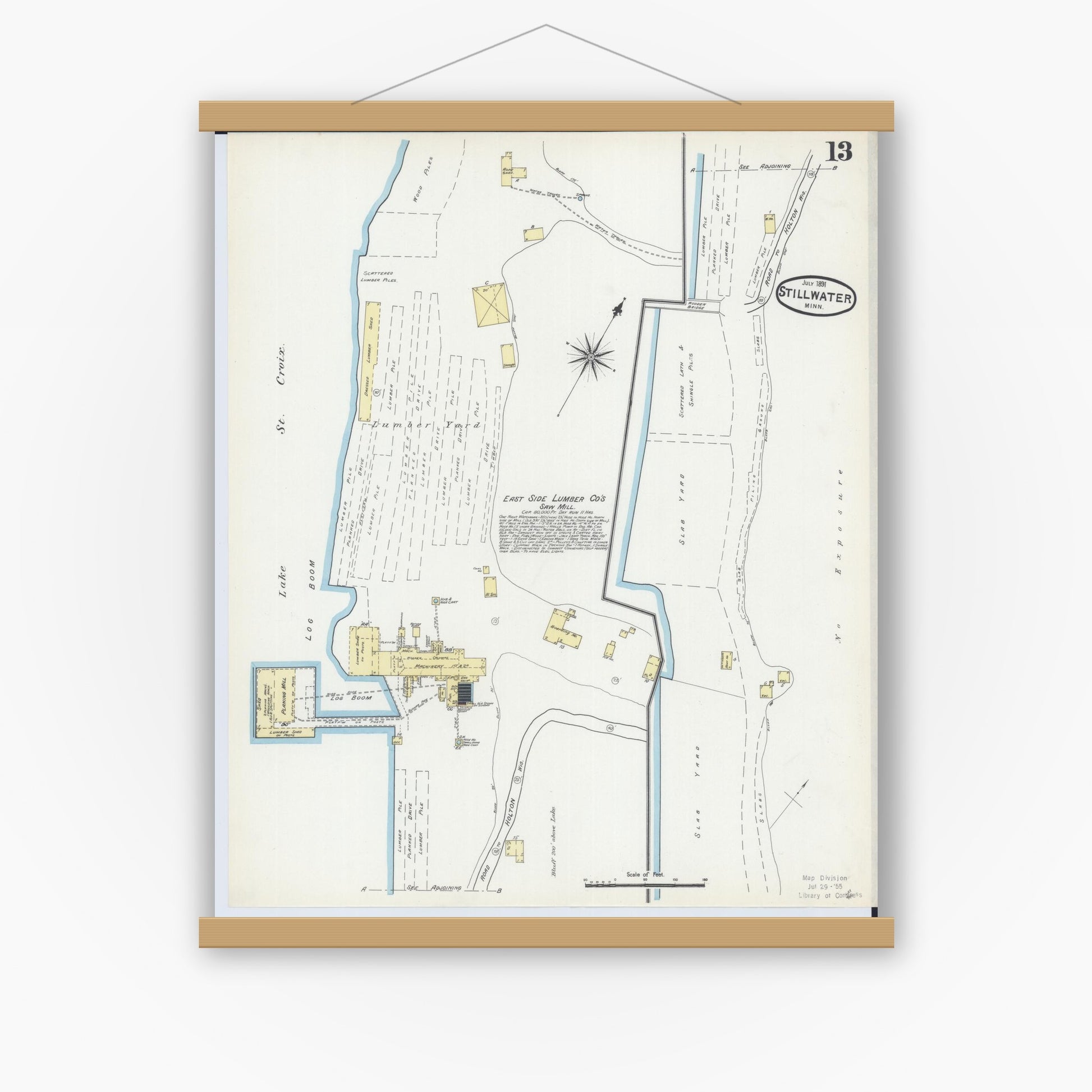 Old map wall art mockup — magnetic wood frame on white wall — Sanborn Fire Insurance Map from Stillwater, Washington County, Minnesota (1891), Sheet #0013