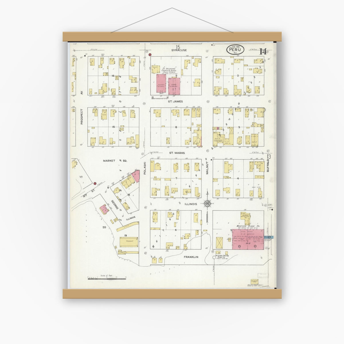 Old map wall art mockup — magnetic wood frame on white wall — Sanborn Fire Insurance Map from Peru, La Salle County, Illinois (1916), Sheet #0014