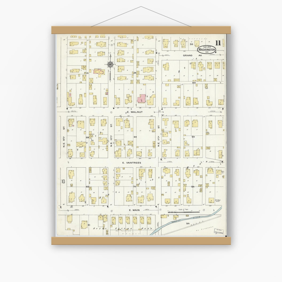 Old map wall art mockup — magnetic wood frame on white wall — Sanborn Fire Insurance Map from Washington, Daviess County, Indiana (1909), Sheet #0011