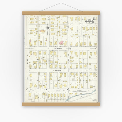 Old map wall art mockup — magnetic wood frame on white wall — Sanborn Fire Insurance Map from Washington, Daviess County, Indiana (1909), Sheet #0011