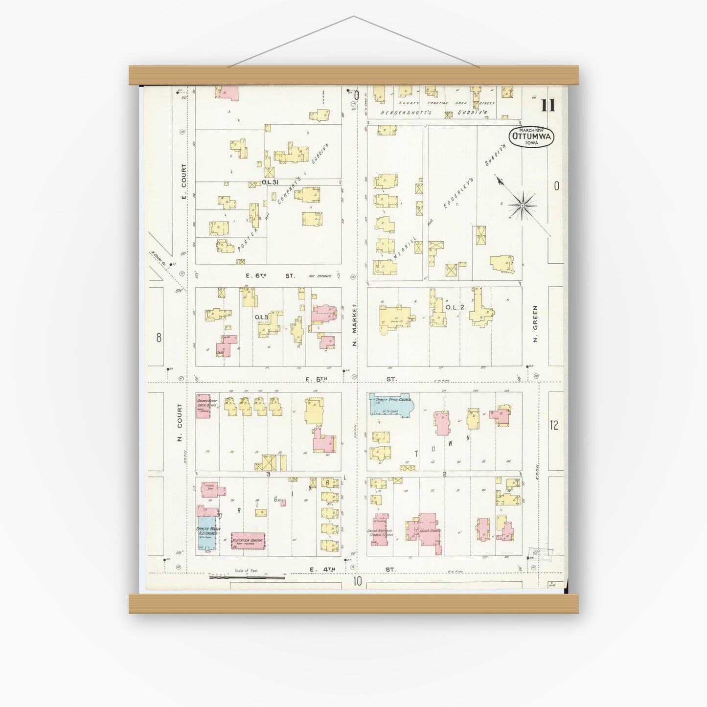 Old map wall art mockup — magnetic wood frame on white wall — Sanborn Fire Insurance Map from Ottumwa, Wapello County, Iowa (1897), Sheet #0011