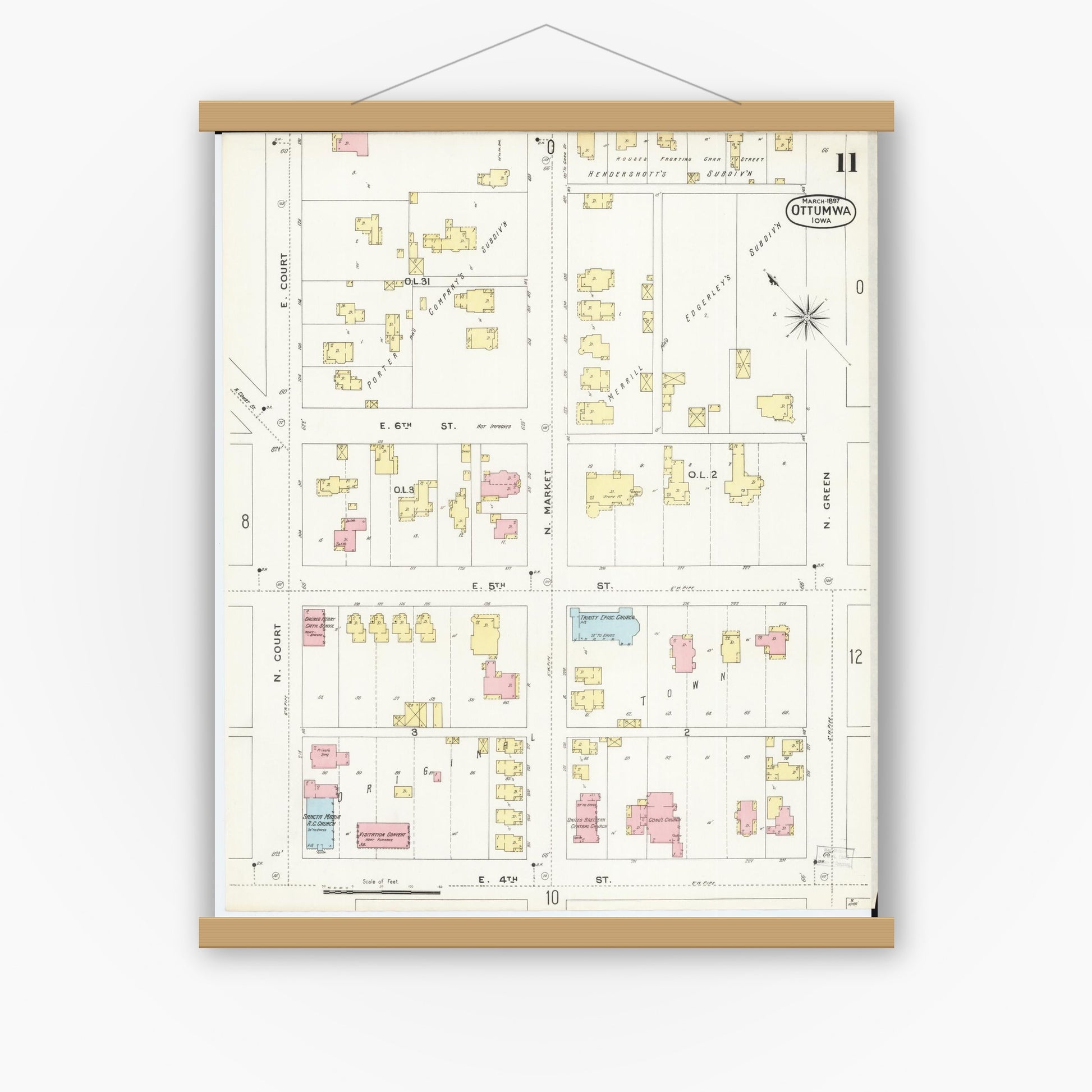 Old map wall art mockup — magnetic wood frame on white wall — Sanborn Fire Insurance Map from Ottumwa, Wapello County, Iowa (1897), Sheet #0011