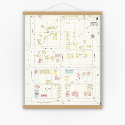 Old map wall art mockup — magnetic wood frame on white wall — Sanborn Fire Insurance Map from Ottumwa, Wapello County, Iowa (1897), Sheet #0011