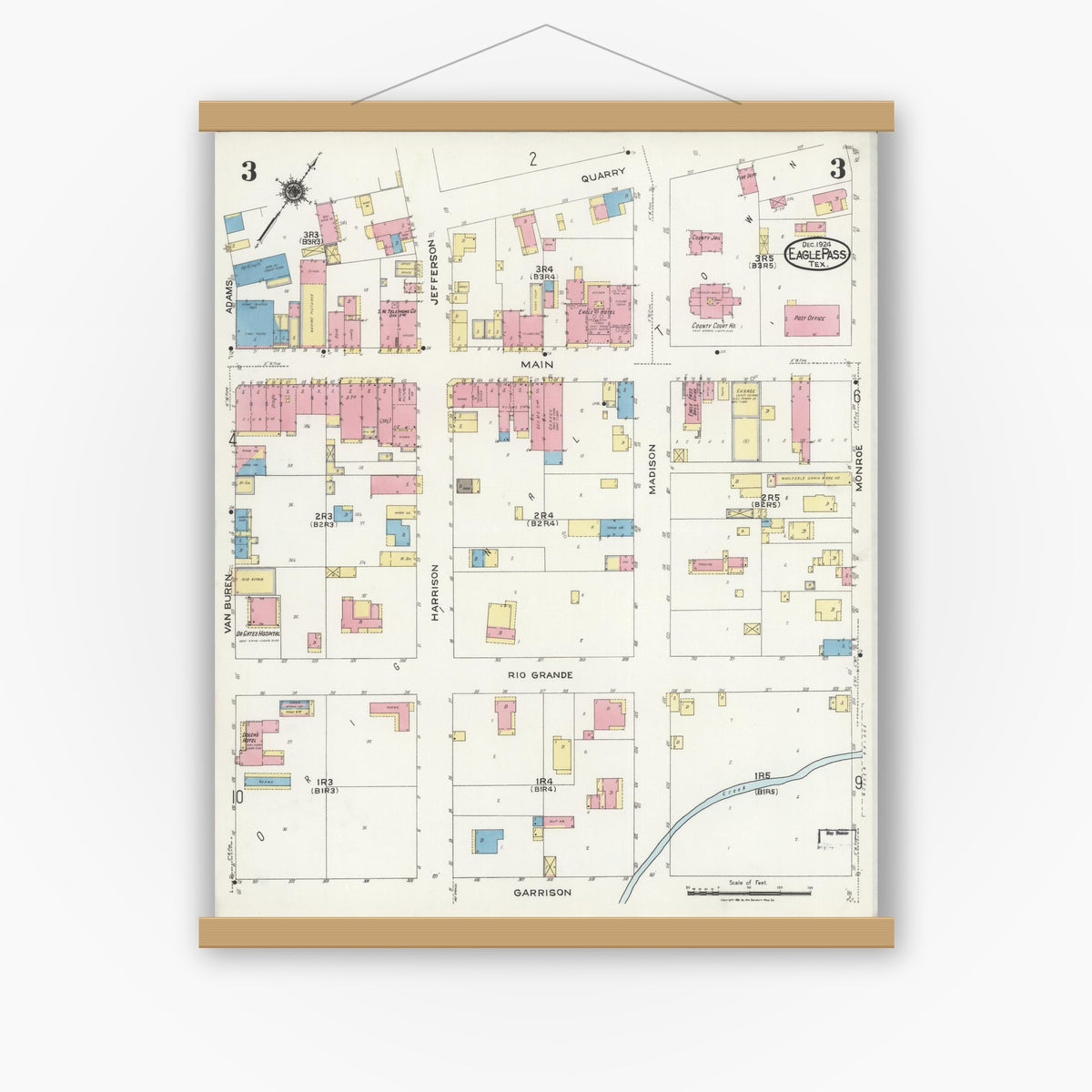 Old map wall art mockup — magnetic wood frame on white wall — Sanborn Fire Insurance Map from Eagle Pass, Maverick County, Texas (1924), Sheet #0003