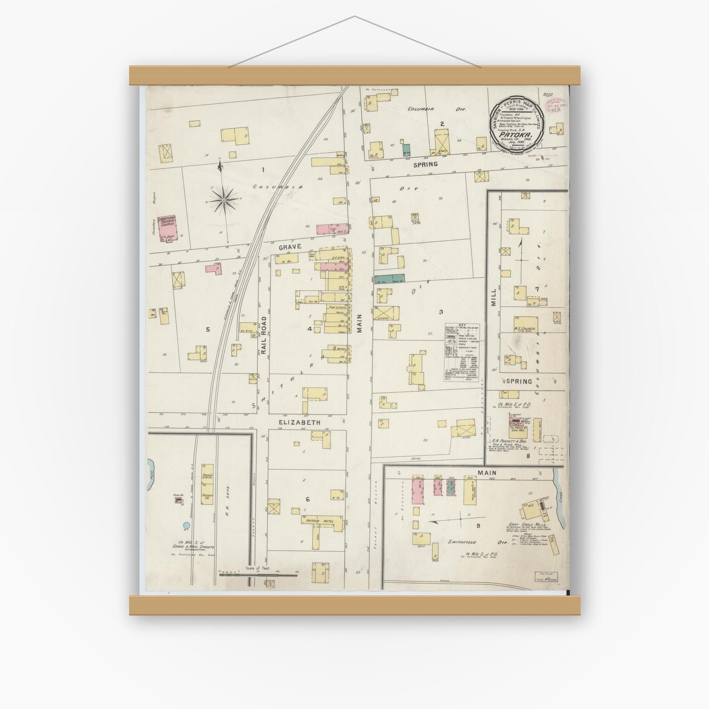 Old map wall art mockup — magnetic wood frame on white wall — Sanborn Fire Insurance Map from Patoka, Gibson County, Indiana (1895), Sheet #0001