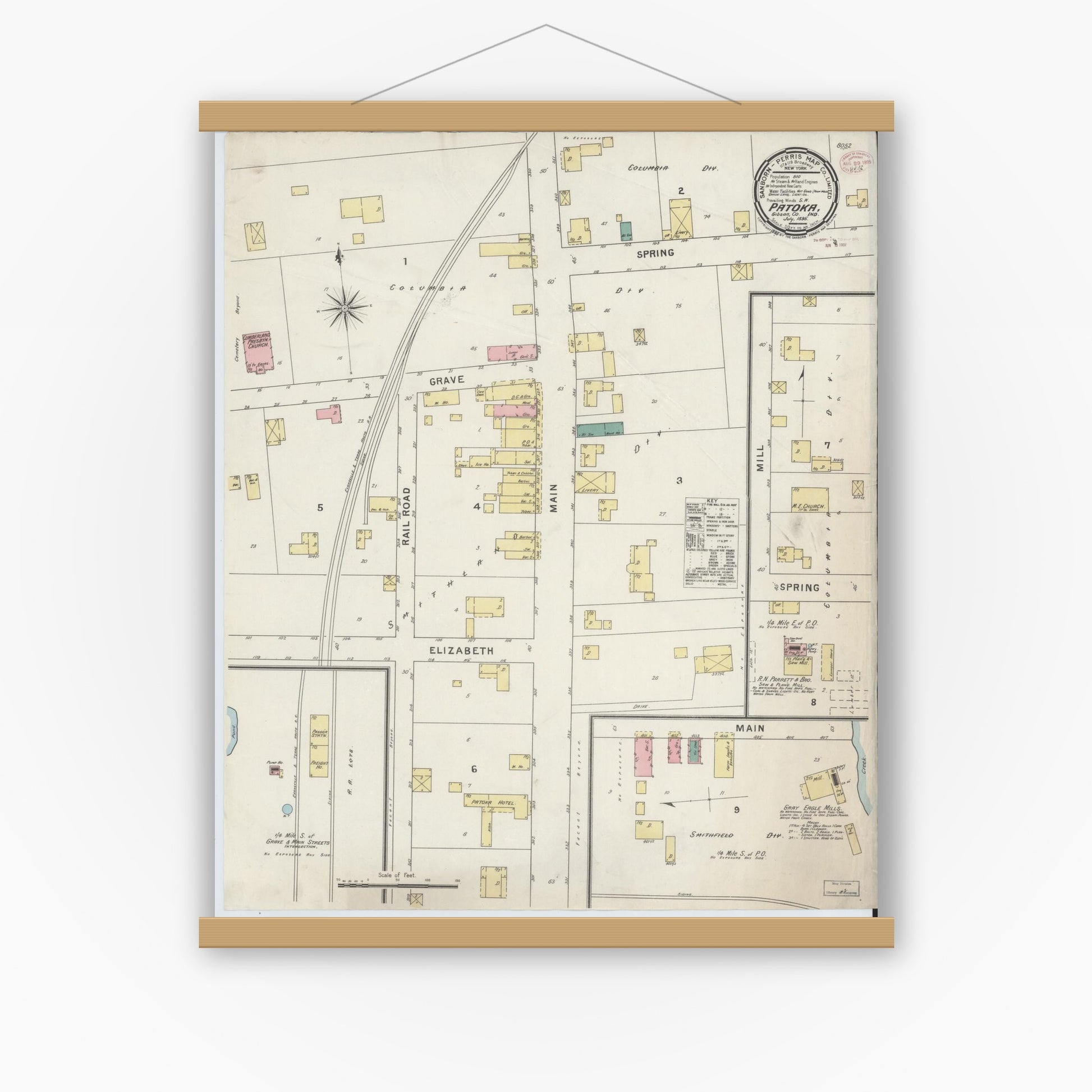 Old map wall art mockup — magnetic wood frame on white wall — Sanborn Fire Insurance Map from Patoka, Gibson County, Indiana (1895), Sheet #0001