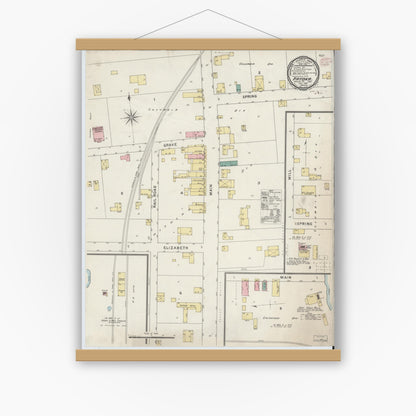 Old map wall art mockup — magnetic wood frame on white wall — Sanborn Fire Insurance Map from Patoka, Gibson County, Indiana (1895), Sheet #0001