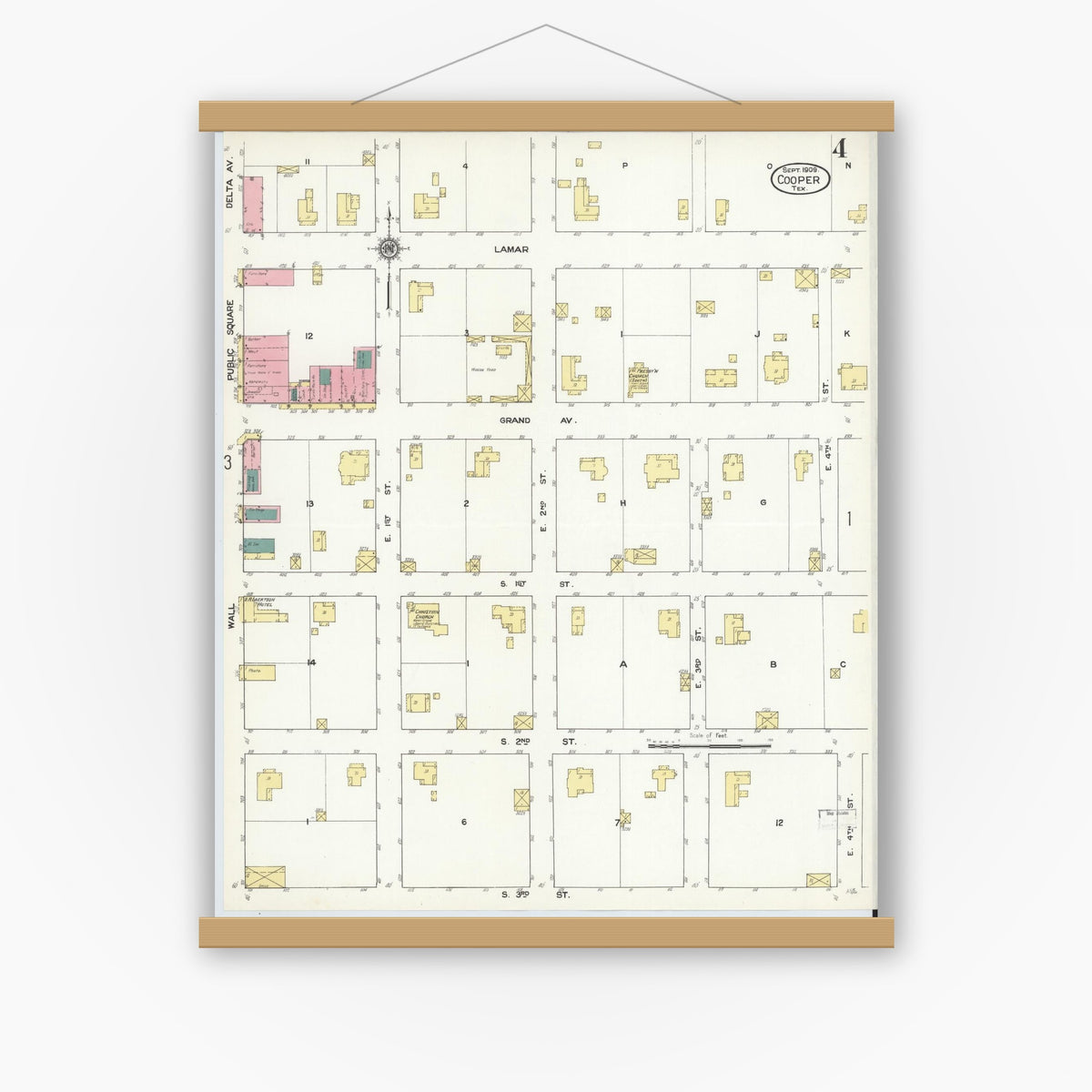 Old map wall art mockup — magnetic wood frame on white wall — Sanborn Fire Insurance Map from Cooper, Delta County, Texas (1909), Sheet #0004