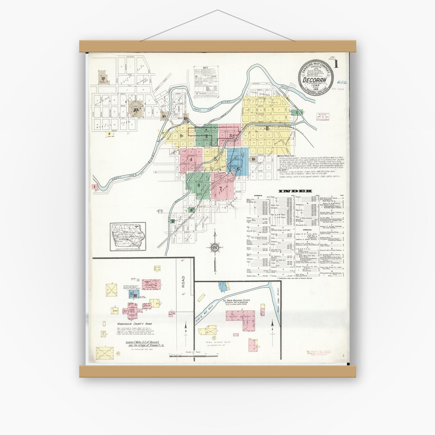 Old map wall art mockup — magnetic wood frame on white wall — Sanborn Fire Insurance Map from Decorah, Winneshiek County, Iowa (1914) â€” Complete Set