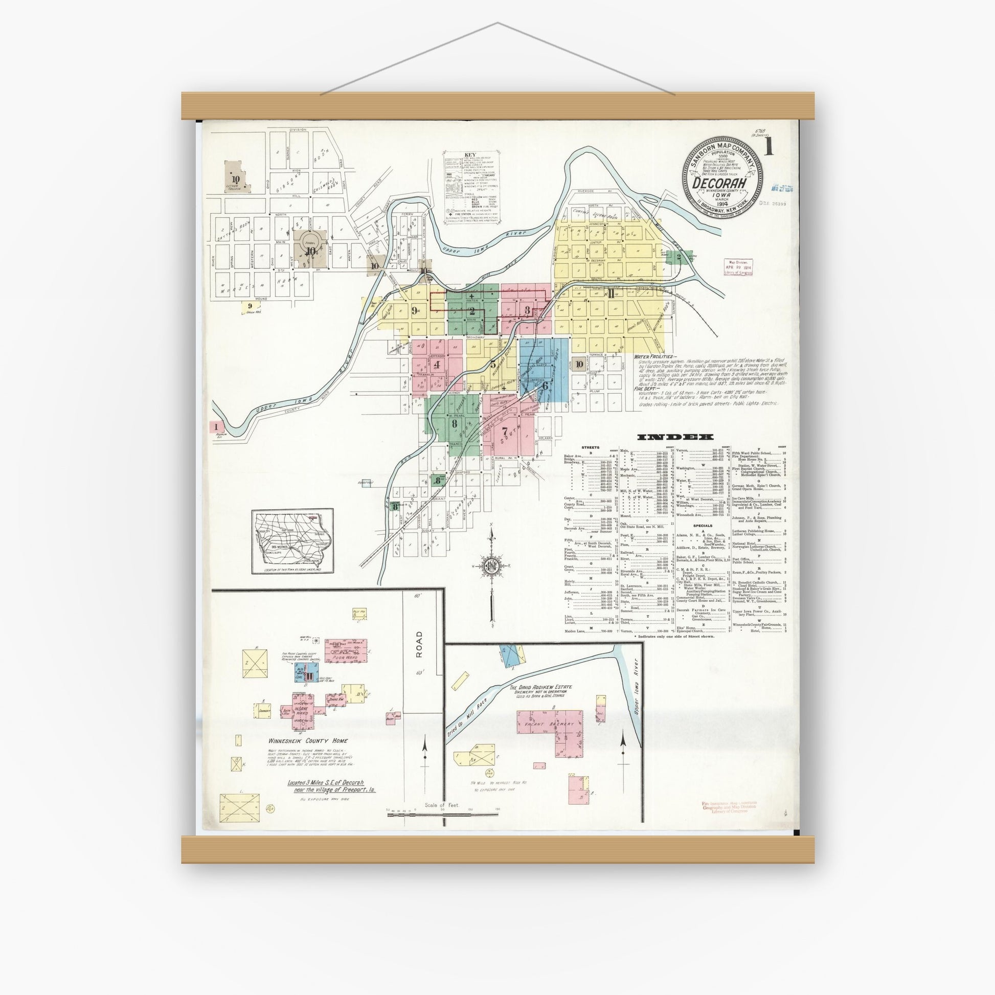 Old map wall art mockup — magnetic wood frame on white wall — Sanborn Fire Insurance Map from Decorah, Winneshiek County, Iowa (1914) â€” Complete Set
