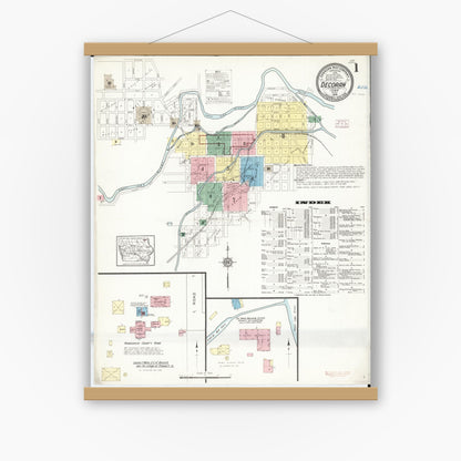 Old map wall art mockup — magnetic wood frame on white wall — Sanborn Fire Insurance Map from Decorah, Winneshiek County, Iowa (1914) â€” Complete Set