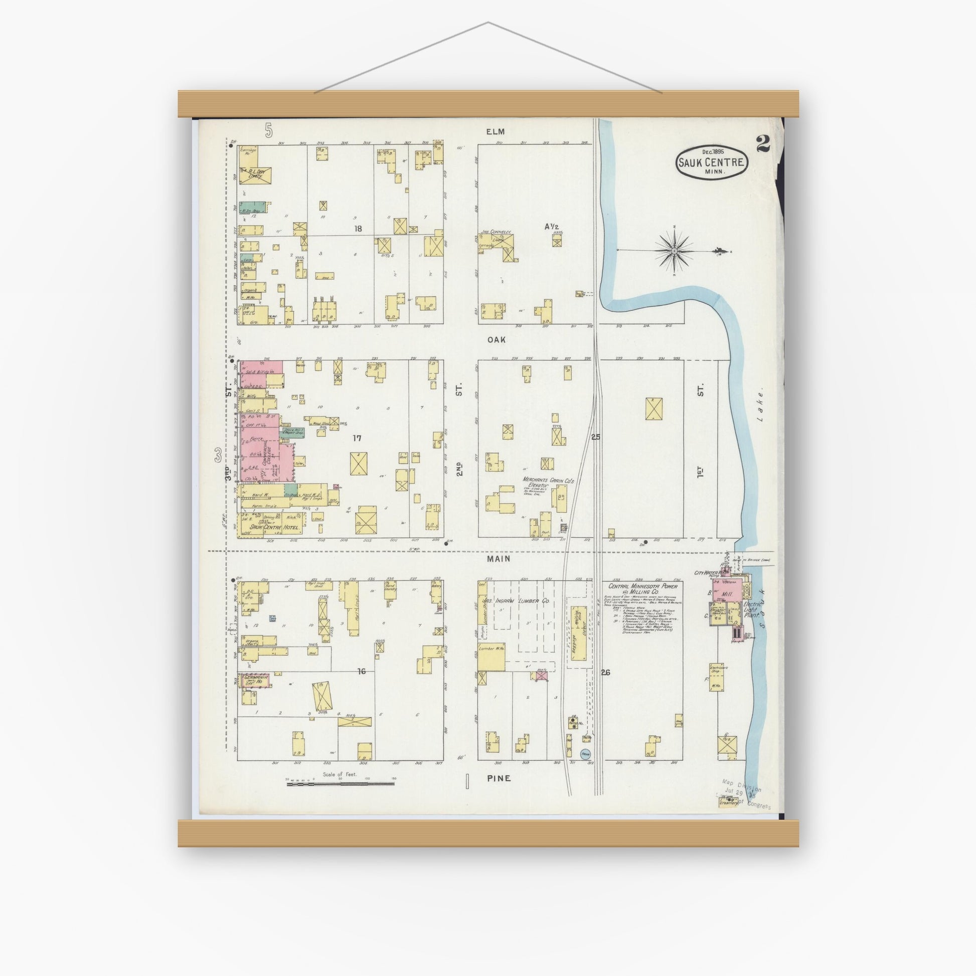 Old map wall art mockup — magnetic wood frame on white wall — Sanborn Fire Insurance Map from Sauk Centre, Stearns County, Minnesota (1895), Sheet #0002