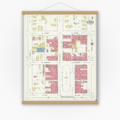 Old map wall art mockup — magnetic wood frame on white wall — Sanborn Fire Insurance Map from Canton, Fulton County, Illinois (1917), Sheet #0007