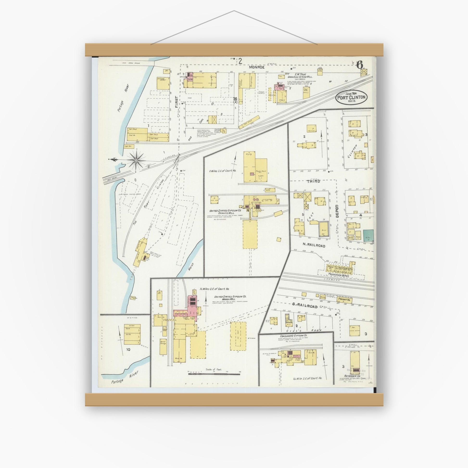 Old map wall art mockup — magnetic wood frame on white wall — Sanborn Fire Insurance Map from Port Clinton, Ottawa County, Ohio (1904), Sheet #0006