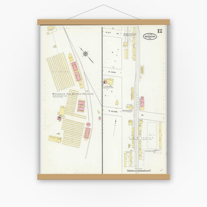 Old map wall art mockup — magnetic wood frame on white wall — Sanborn Fire Insurance Map from Menomonie, Dunn County, Wisconsin (1910), Sheet #0012