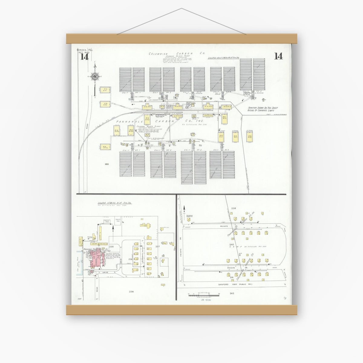 Old map wall art mockup — magnetic wood frame on white wall — Sanborn Fire Insurance Map from Borger, Hutchinson County, Texas (1940), Sheet #0014