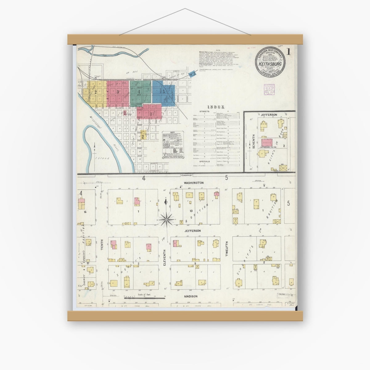 Old map wall art mockup — magnetic wood frame on white wall — Sanborn Fire Insurance Map from Keithsburg, Mercer County, Illinois (1907) - Complete Map Set