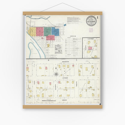 Old map wall art mockup — magnetic wood frame on white wall — Sanborn Fire Insurance Map from Keithsburg, Mercer County, Illinois (1907) - Complete Map Set