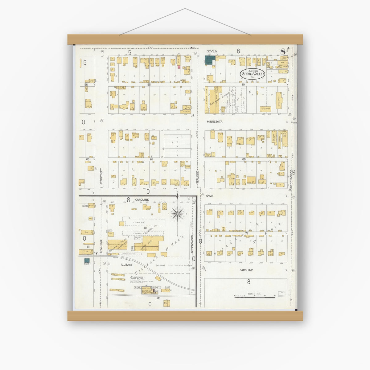 Old map wall art mockup — magnetic wood frame on white wall — Sanborn Fire Insurance Map from Spring Valley, Bureau County, Illinois (1906), Sheet #0008