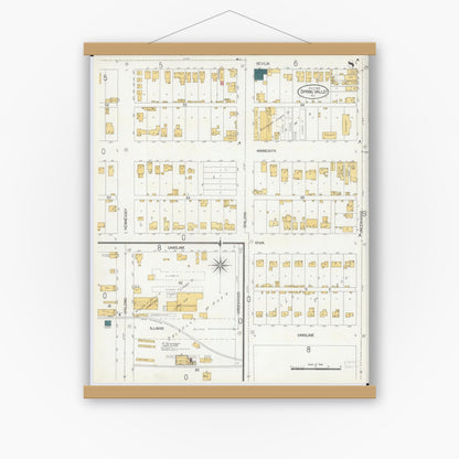 Old map wall art mockup — magnetic wood frame on white wall — Sanborn Fire Insurance Map from Spring Valley, Bureau County, Illinois (1906), Sheet #0008