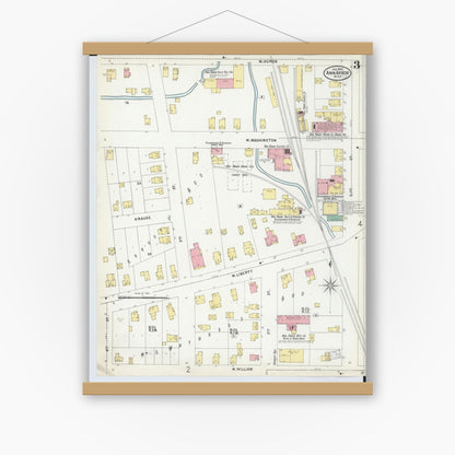 Old map wall art mockup — magnetic wood frame on white wall — Sanborn Fire Insurance Map from Ann Arbor, Washtenaw County, Michigan (1899), Sheet #0003