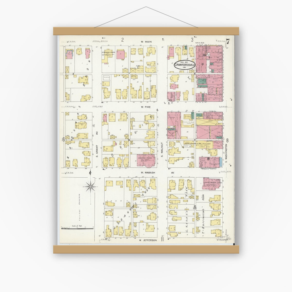 Old map wall art mockup — magnetic wood frame on white wall — Sanborn Fire Insurance Map from Crawfordsville, Montgomery County, Indiana (1907), Sheet #0007