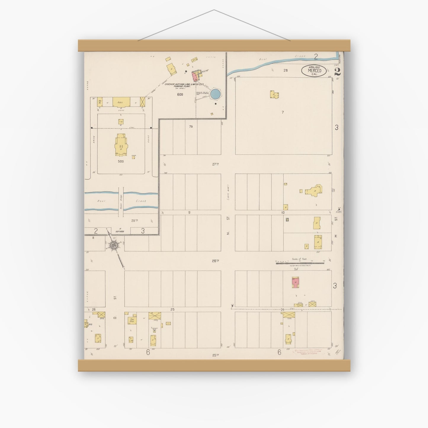 Old map wall art mockup — magnetic wood frame on white wall — Sanborn Fire Insurance Map from Merced, Merced County, California (1922), Sheet #0002