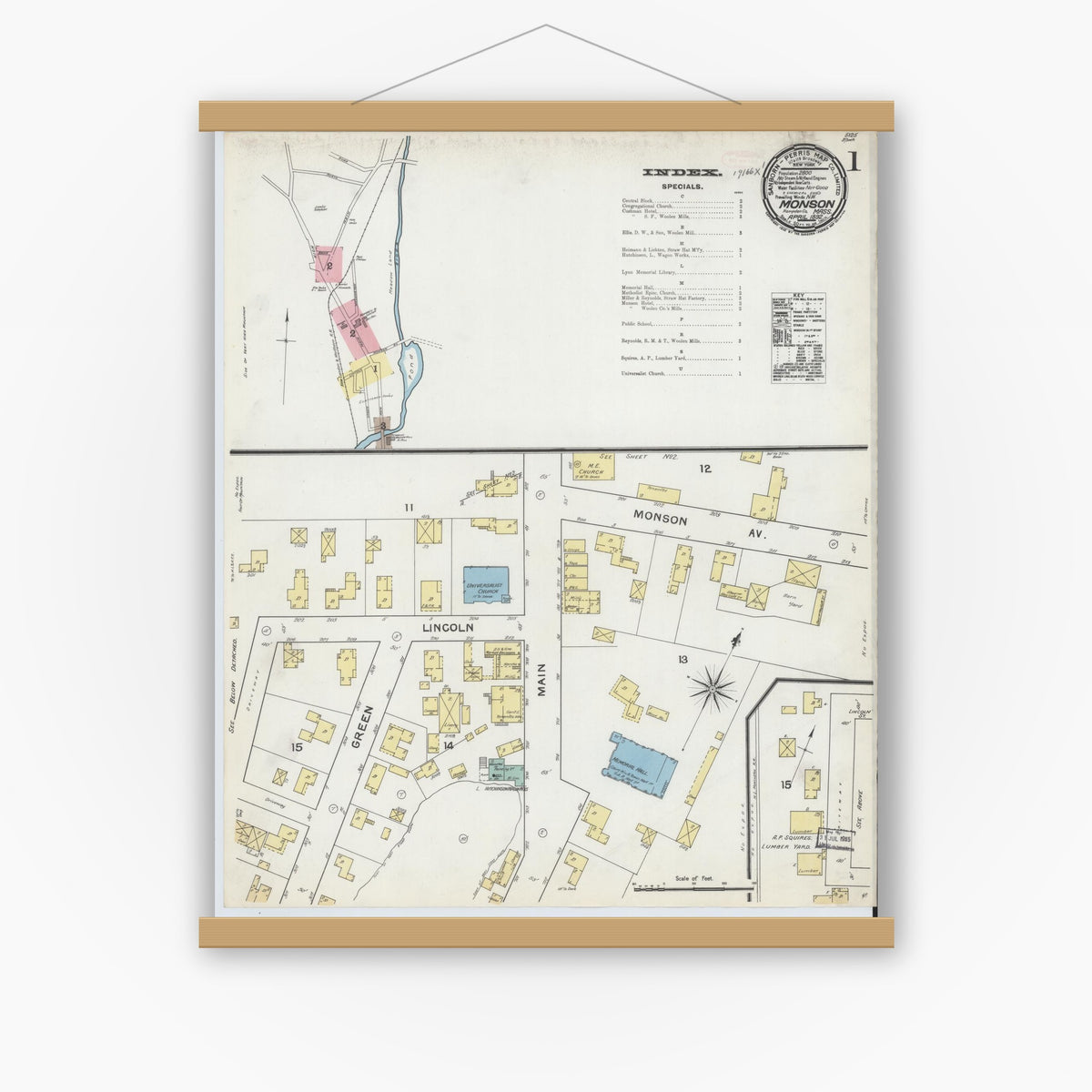 Old map wall art mockup — magnetic wood frame on white wall — Sanborn Fire Insurance Map from Monson, Hampden County, Massachusetts (1892) - Complete Map Set