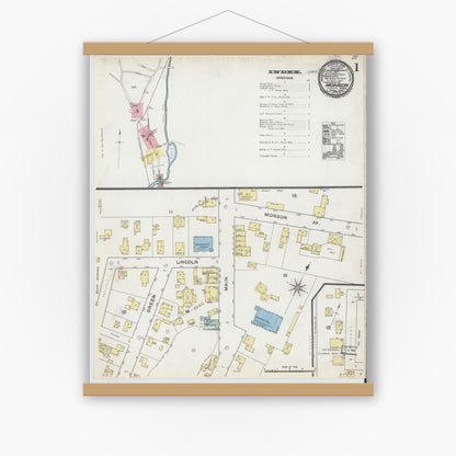 Old map wall art mockup — magnetic wood frame on white wall — Sanborn Fire Insurance Map from Monson, Hampden County, Massachusetts (1892) - Complete Map Set