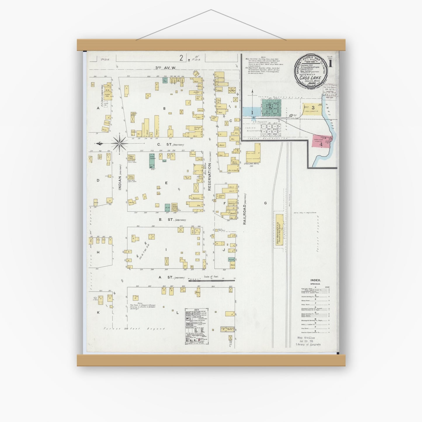 Old map wall art mockup — magnetic wood frame on white wall — Sanborn Fire Insurance Map from Cass Lake, Cass County, Minnesota (1900), Sheet #0001