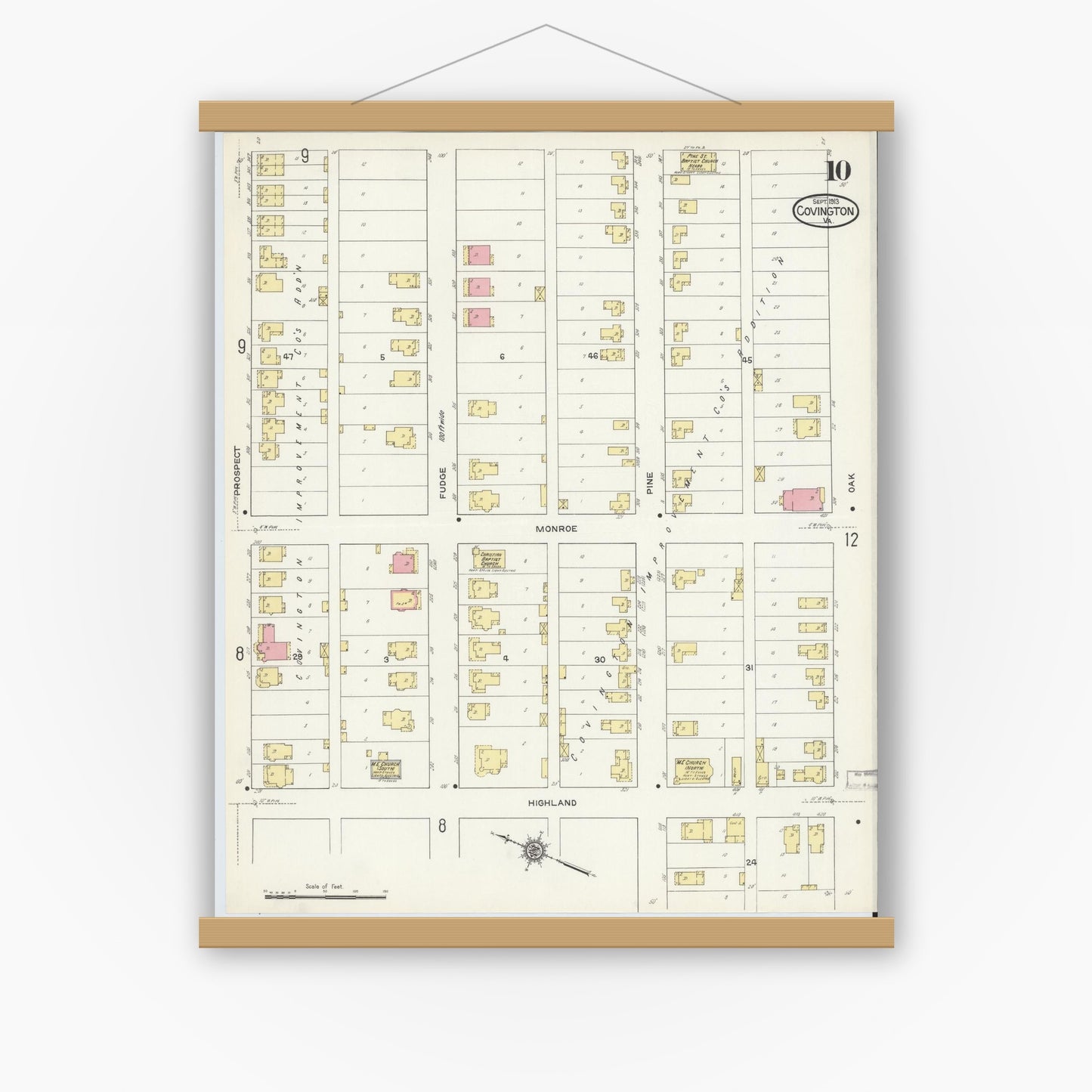 Old map wall art mockup — magnetic wood frame on white wall — Sanborn Fire Insurance Map from Covington, Independent Cities, Virginia (1913), Sheet #0010