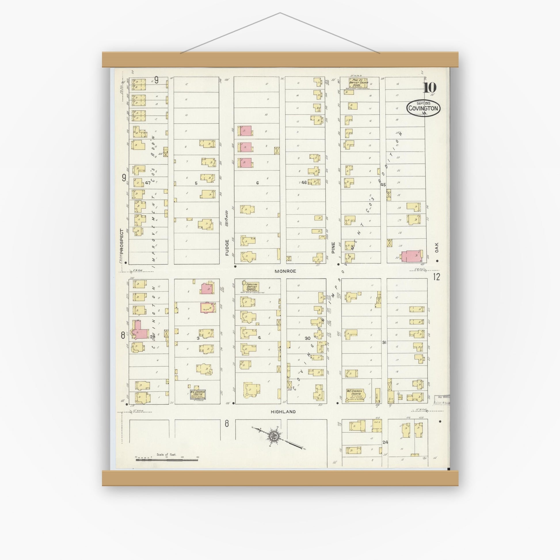 Old map wall art mockup — magnetic wood frame on white wall — Sanborn Fire Insurance Map from Covington, Independent Cities, Virginia (1913), Sheet #0010
