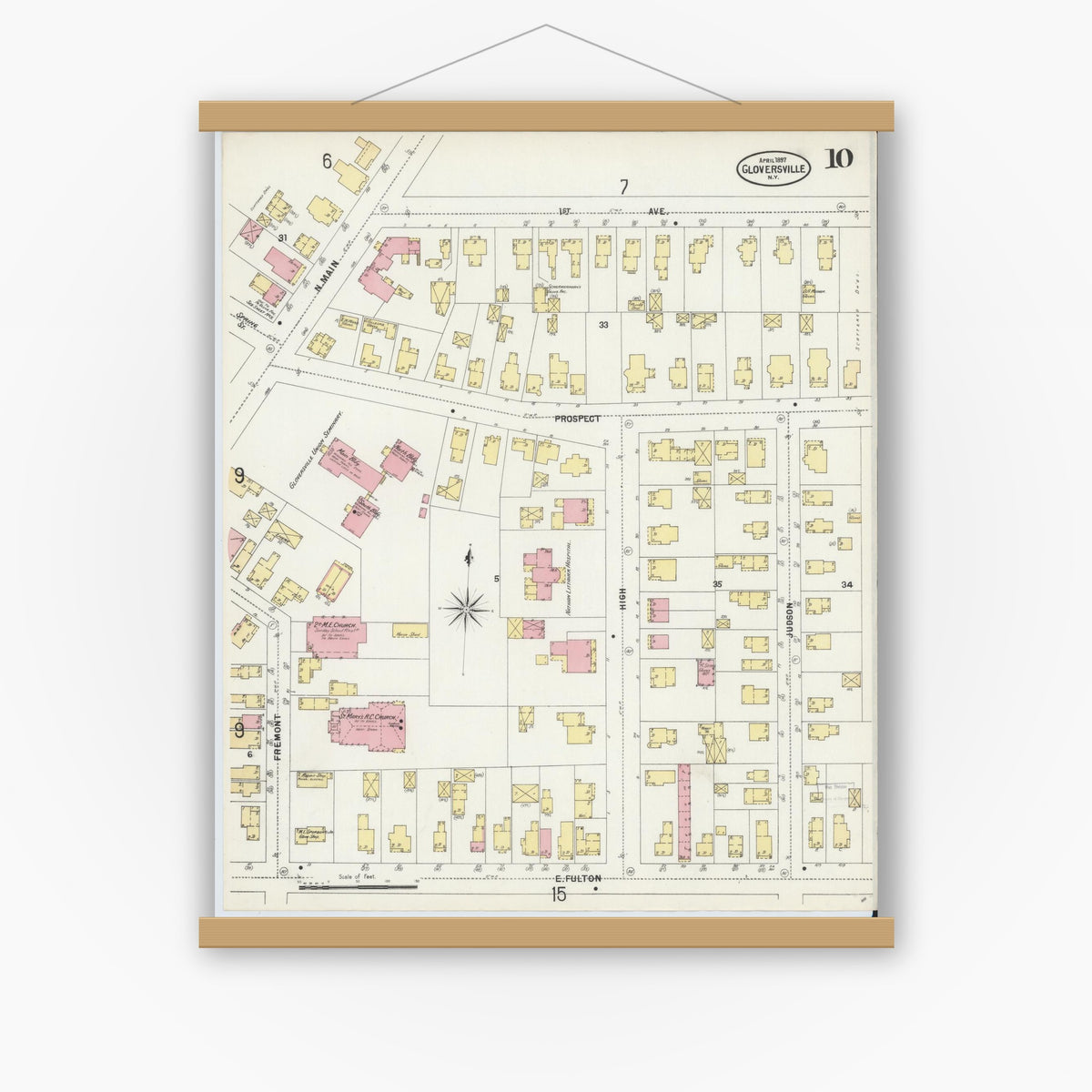 Old map wall art mockup — magnetic wood frame on white wall — Sanborn Fire Insurance Map from Gloversville, Fulton County, New York (1897), Sheet #0010