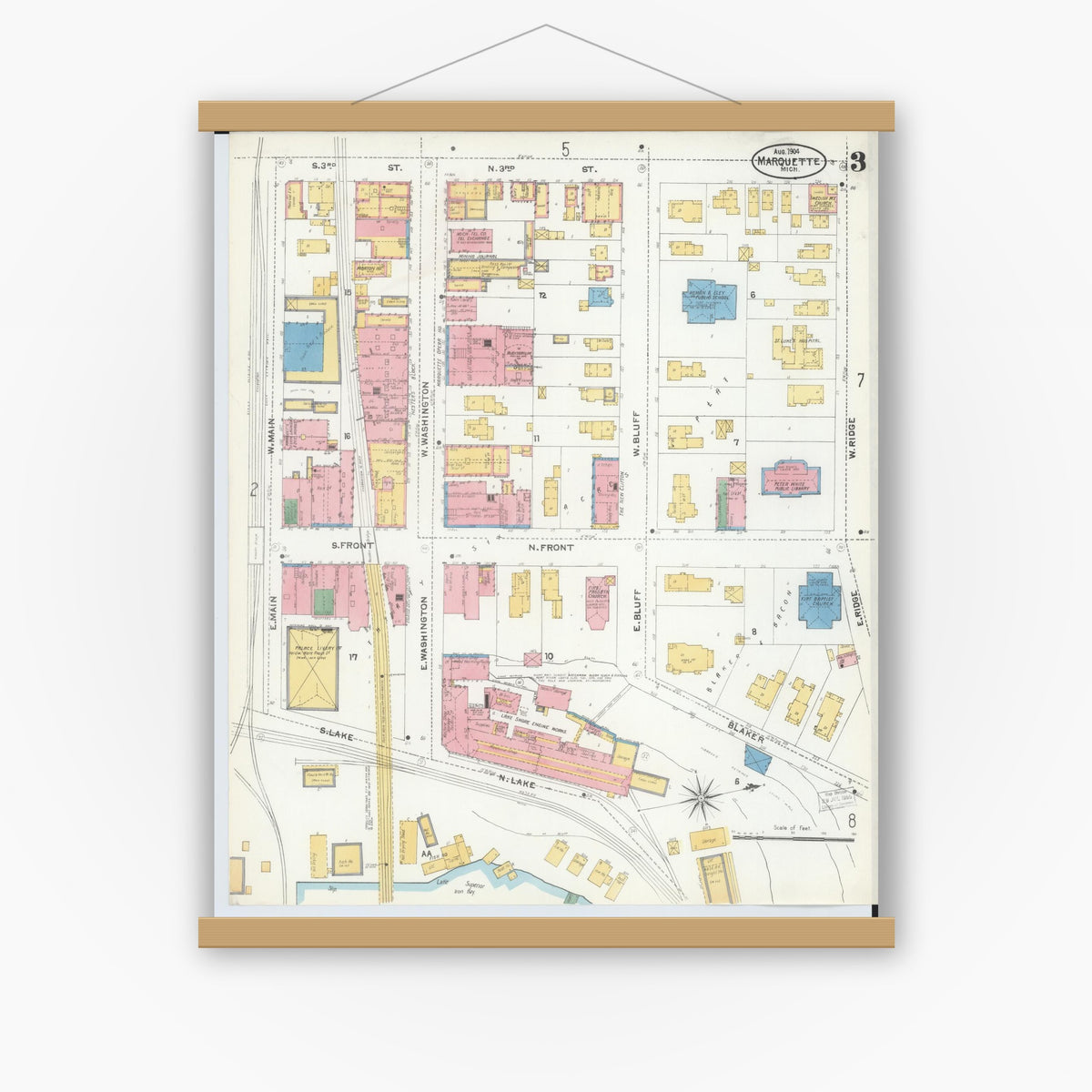 Old map wall art mockup — magnetic wood frame on white wall — Sanborn Fire Insurance Map from Marquette, Marquette County, Michigan (1904), Sheet #0003