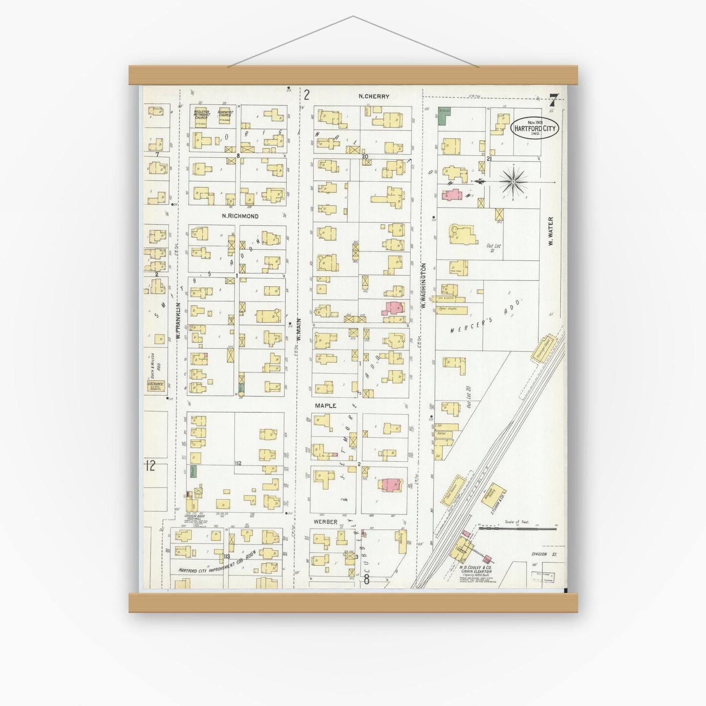 Old map wall art mockup — magnetic wood frame on white wall — Sanborn Fire Insurance Map from Hartford City, Blackford County, Indiana (1901), Sheet #0007