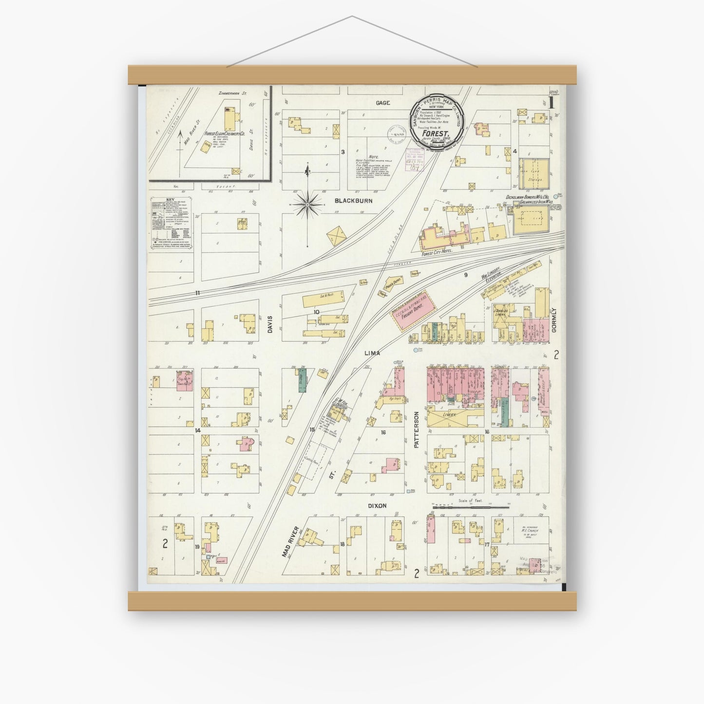 Old map wall art mockup — magnetic wood frame on white wall — Sanborn Fire Insurance Map from Forest, Hardin County, Ohio (1901), Sheet #0001