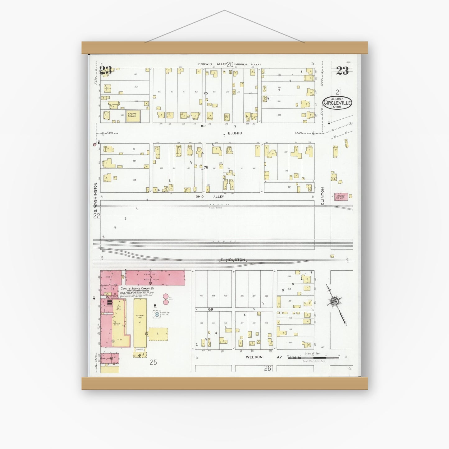 Old map wall art mockup — magnetic wood frame on white wall — Sanborn Fire Insurance Map from Circleville, Pickaway County, Ohio (1927), Sheet #0023