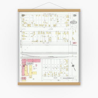 Old map wall art mockup — magnetic wood frame on white wall — Sanborn Fire Insurance Map from Circleville, Pickaway County, Ohio (1927), Sheet #0023