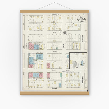 Old map wall art mockup — magnetic wood frame on white wall — Sanborn Fire Insurance Map from Henrietta, Clay County, Texas (1891), Sheet #0002