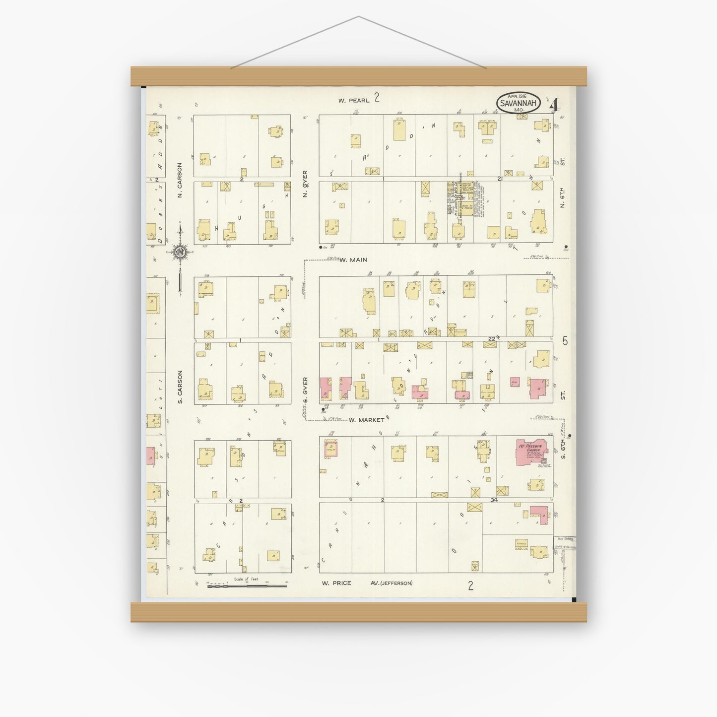 Old map wall art mockup — magnetic wood frame on white wall — Sanborn Fire Insurance Map from Savannah, Andrew County, Missouri (1916), Sheet #0004